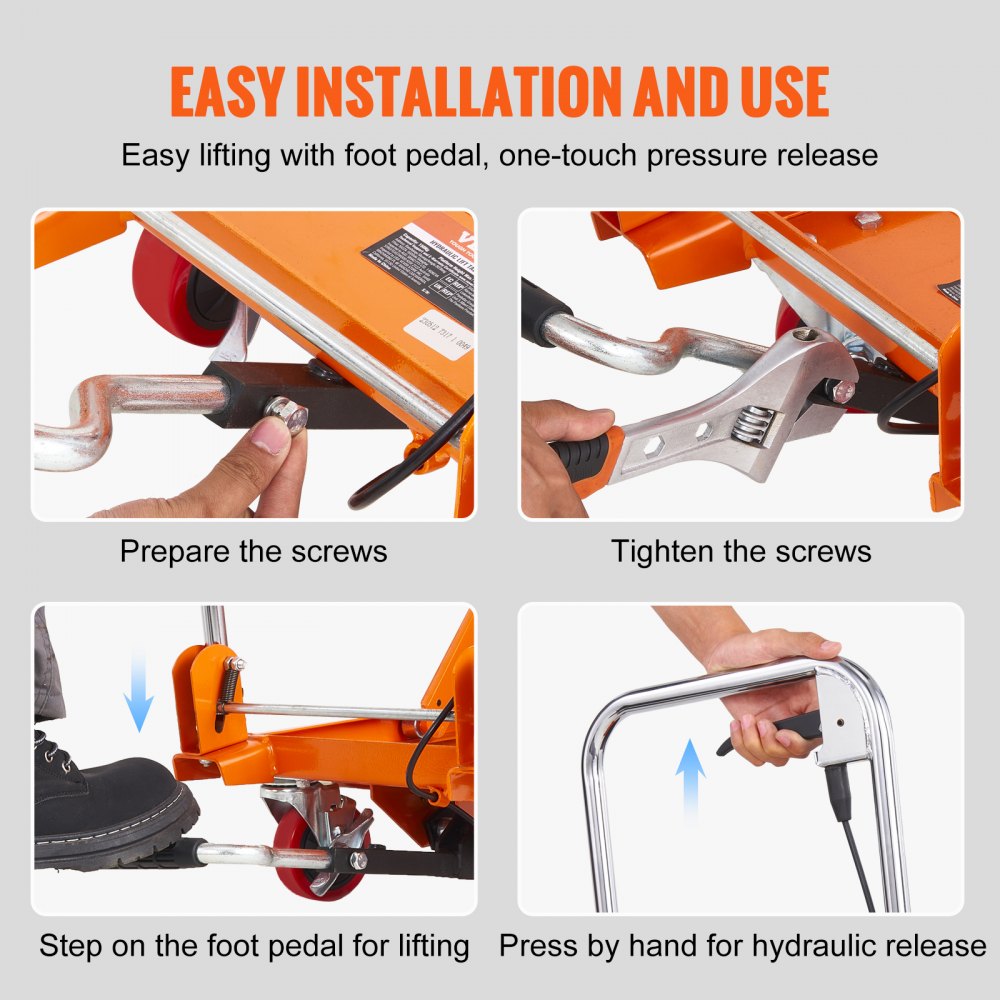 VEVOR Carro Hidráulico de Mesa Elevadora Capacidad de Carga de 150 kg Elevador Manual de Tijera Simple Altura de Elevación de 720 mm 4 Ruedas Cojín Antideslizante para Manipulación Transporte, Naranja