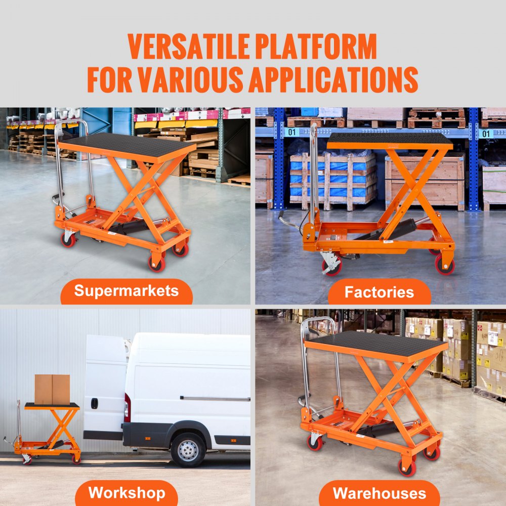 VEVOR Carro Hidráulico de Mesa Elevadora Capacidad de Carga de 150 kg Elevador Manual de Tijera Simple Altura de Elevación de 720 mm 4 Ruedas Cojín Antideslizante para Manipulación Transporte, Naranja