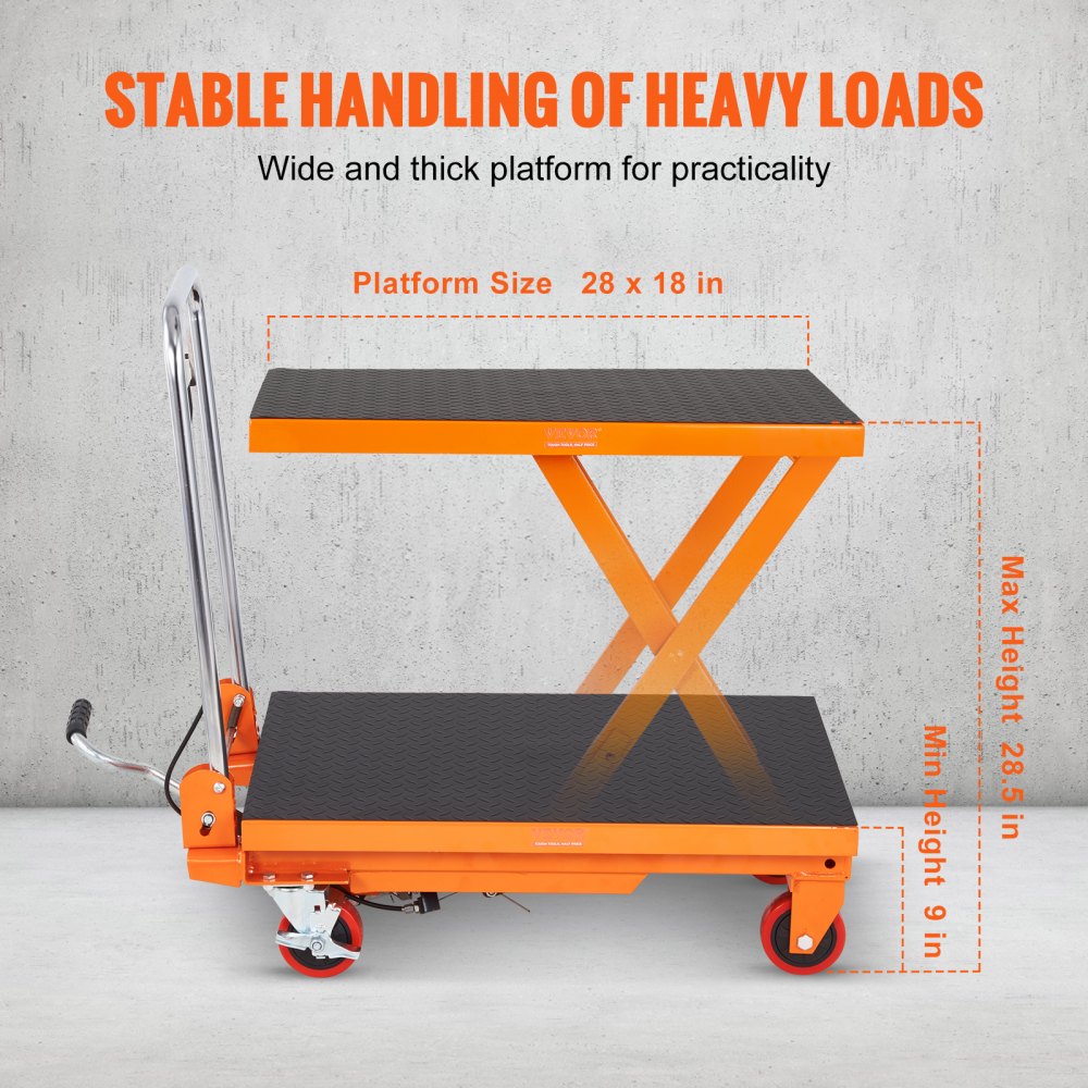 VEVOR Carro Hidráulico de Mesa Elevadora Capacidad de Carga de 150 kg Elevador Manual de Tijera Simple Altura de Elevación de 720 mm 4 Ruedas Cojín Antideslizante para Manipulación Transporte, Naranja
