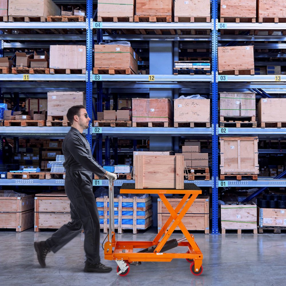 VEVOR Carro Hidráulico de Mesa Elevadora Capacidad de Carga de 150 kg Elevador Manual de Tijera Simple Altura de Elevación de 720 mm 4 Ruedas Cojín Antideslizante para Manipulación Transporte, Naranja