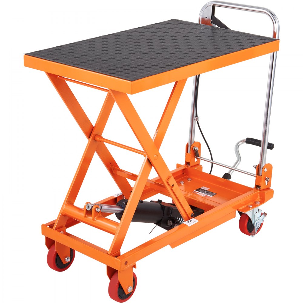 VEVOR Carro Hidráulico de Mesa Elevadora Capacidad de Carga de 150 kg Elevador Manual de Tijera Simple Altura de Elevación de 720 mm 4 Ruedas Cojín Antideslizante para Manipulación Transporte, Naranja