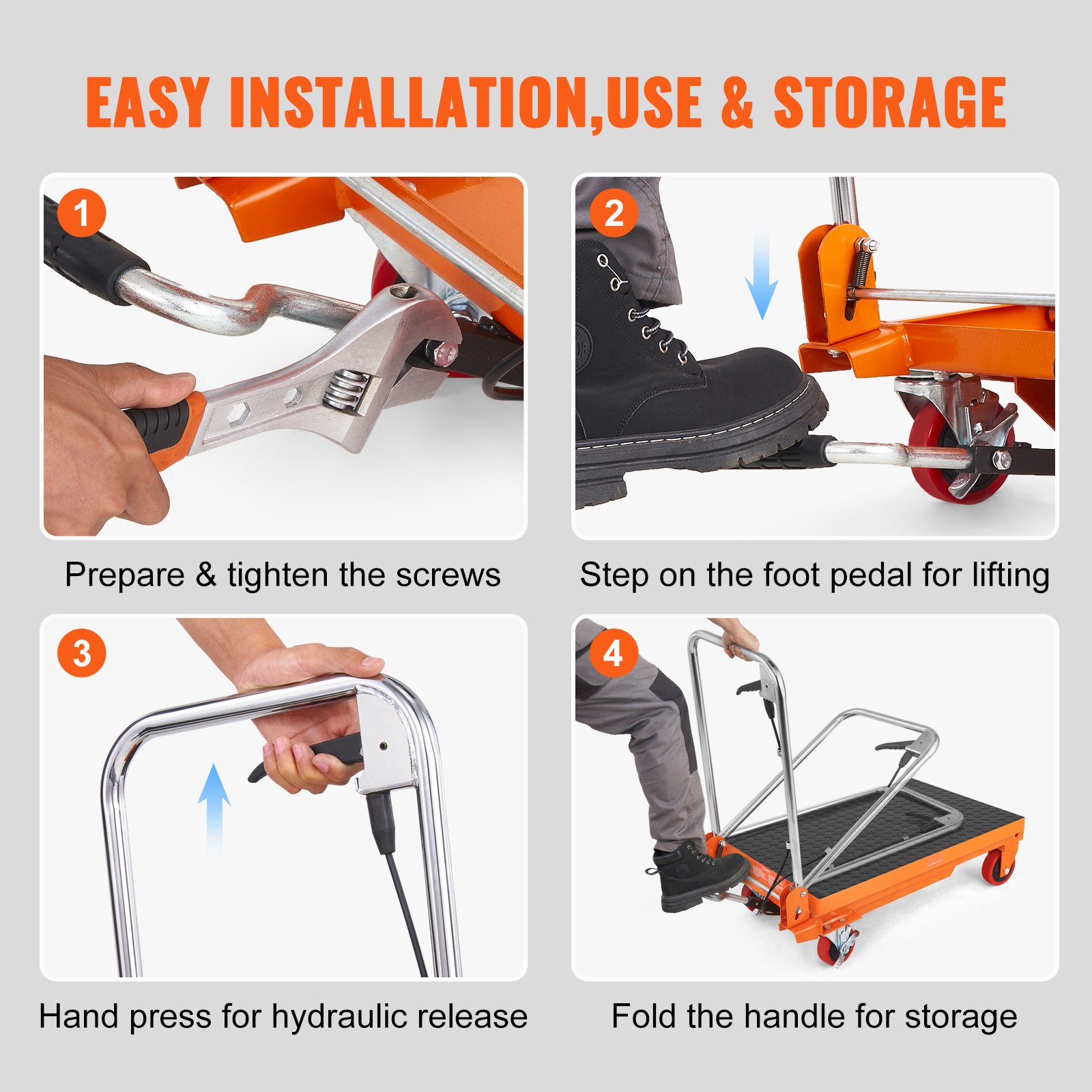 VEVOR Carro Hidráulico de Mesa Elevadora Capacidad de Carga de 150 kg Elevador Manual de Tijera Simple Altura de Elevación de 720 mm 4 Ruedas Cojín Antideslizante para Manipulación Transporte, Naranja