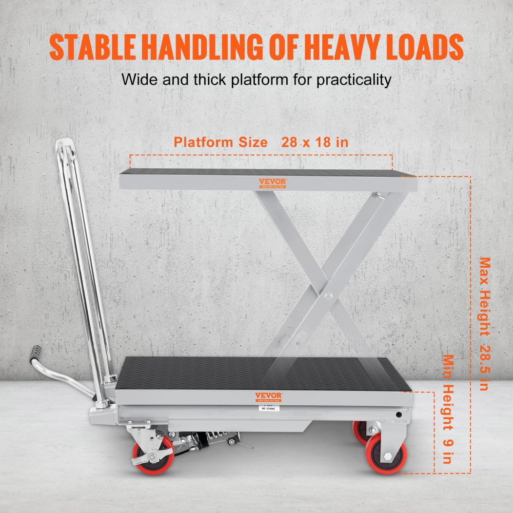 Mesa elevadora hidráulica VEVOR para manipulación estable, tamaño de plataforma 28x18 pulgadas, rango de elevación 9-28,5 pulgadas.