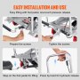 Pasos de instalación sencillos para la mesa elevadora hidráulica VEVOR: preparar y apretar tornillos, elevación con pedal.