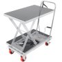 Mesa elevadora hidráulica VEVOR con ruedas rojas y plataforma texturizada, que incorpora un cómodo asa.