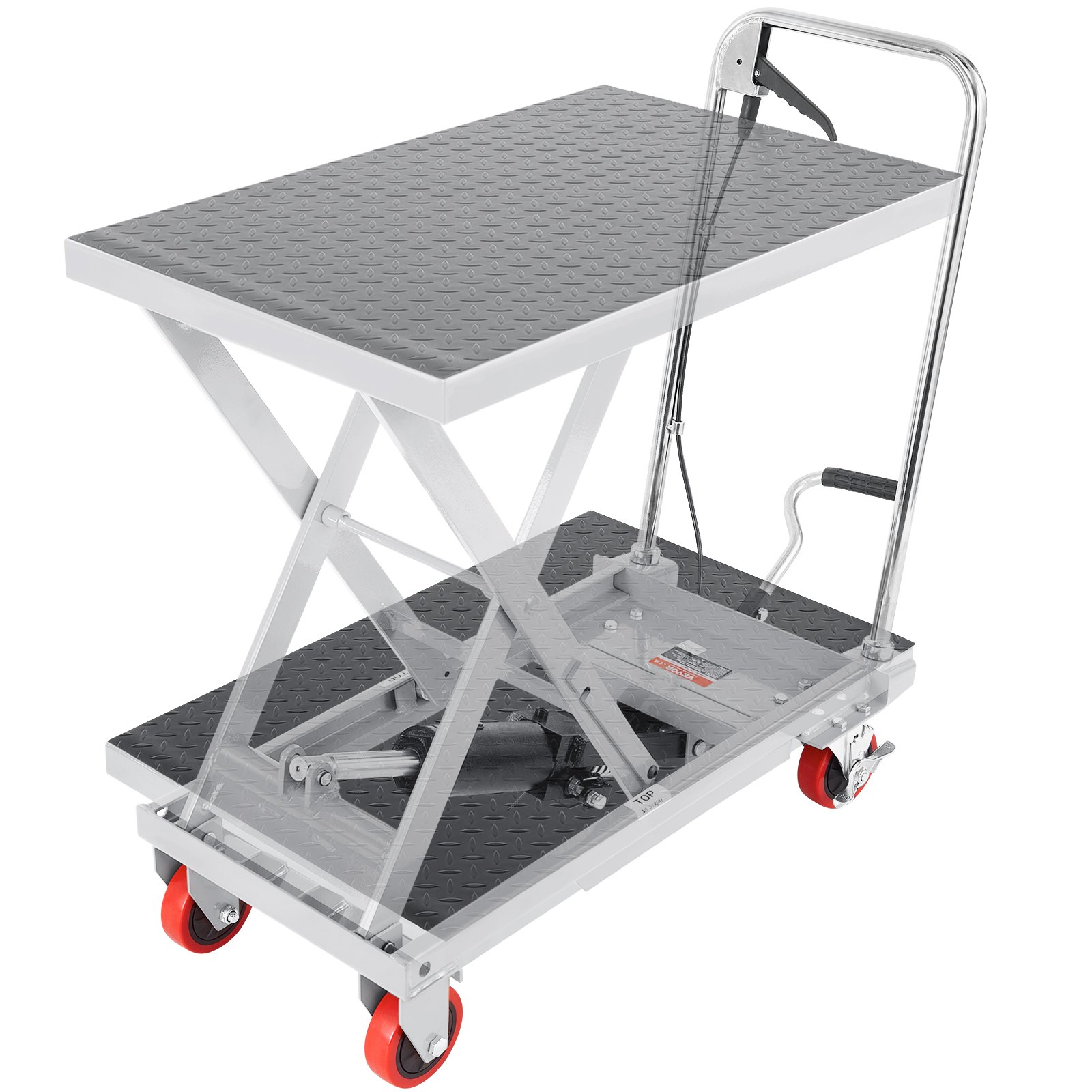 Mesa elevadora hidráulica VEVOR con ruedas rojas y plataforma texturizada, que incorpora un cómodo asa.