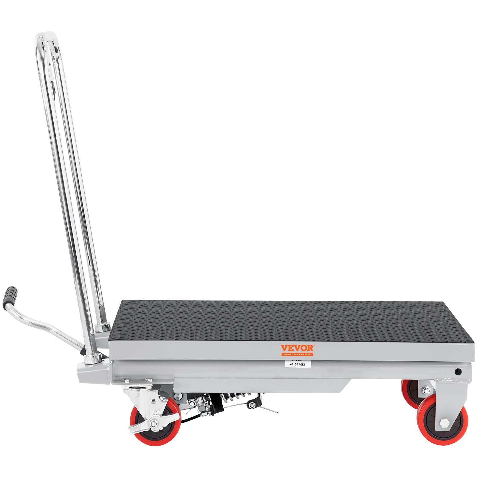 Mesa elevadora hidráulica VEVOR con ruedas rojas y asa cromada