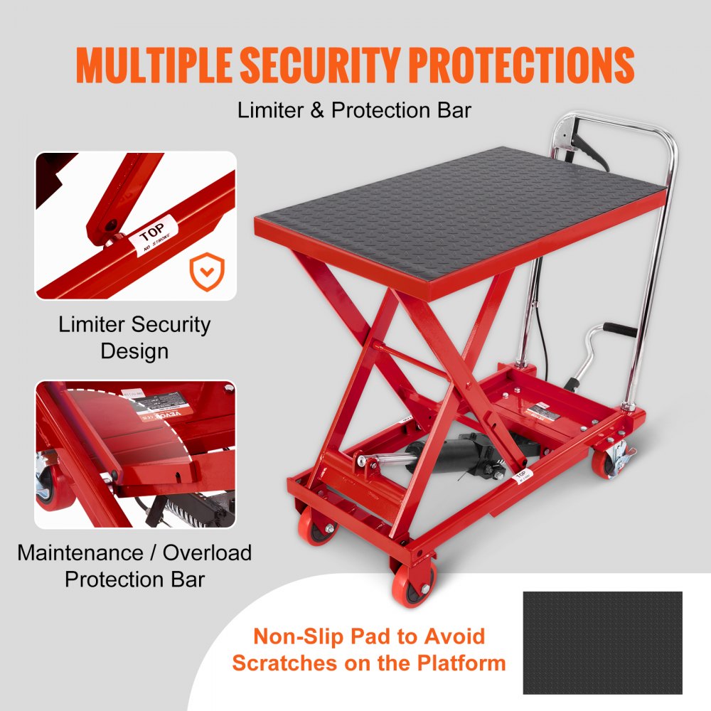 VEVOR Carro Hidráulico de Mesa Elevadora Capacidad de Carga de 230 kg Elevador Manual de Tijera Simple Altura de Elevación de 720 mm 4 Ruedas Cojín Antideslizante para Manipulación Transporte, Rojo