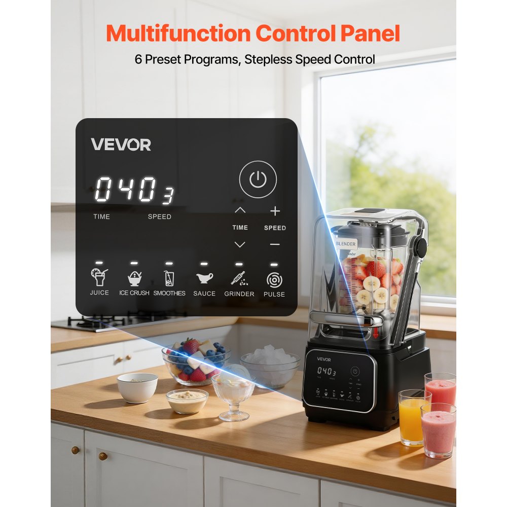 VEVOR Batidora de Vaso con Jarra de 2 L, 2200 W, 26000 RPM, Licuadora Profesional con Protector, Velocidad Ajustable, 6 Programas Preestablecidos para Batidos, Trituración de Hielo, Purés, Negro