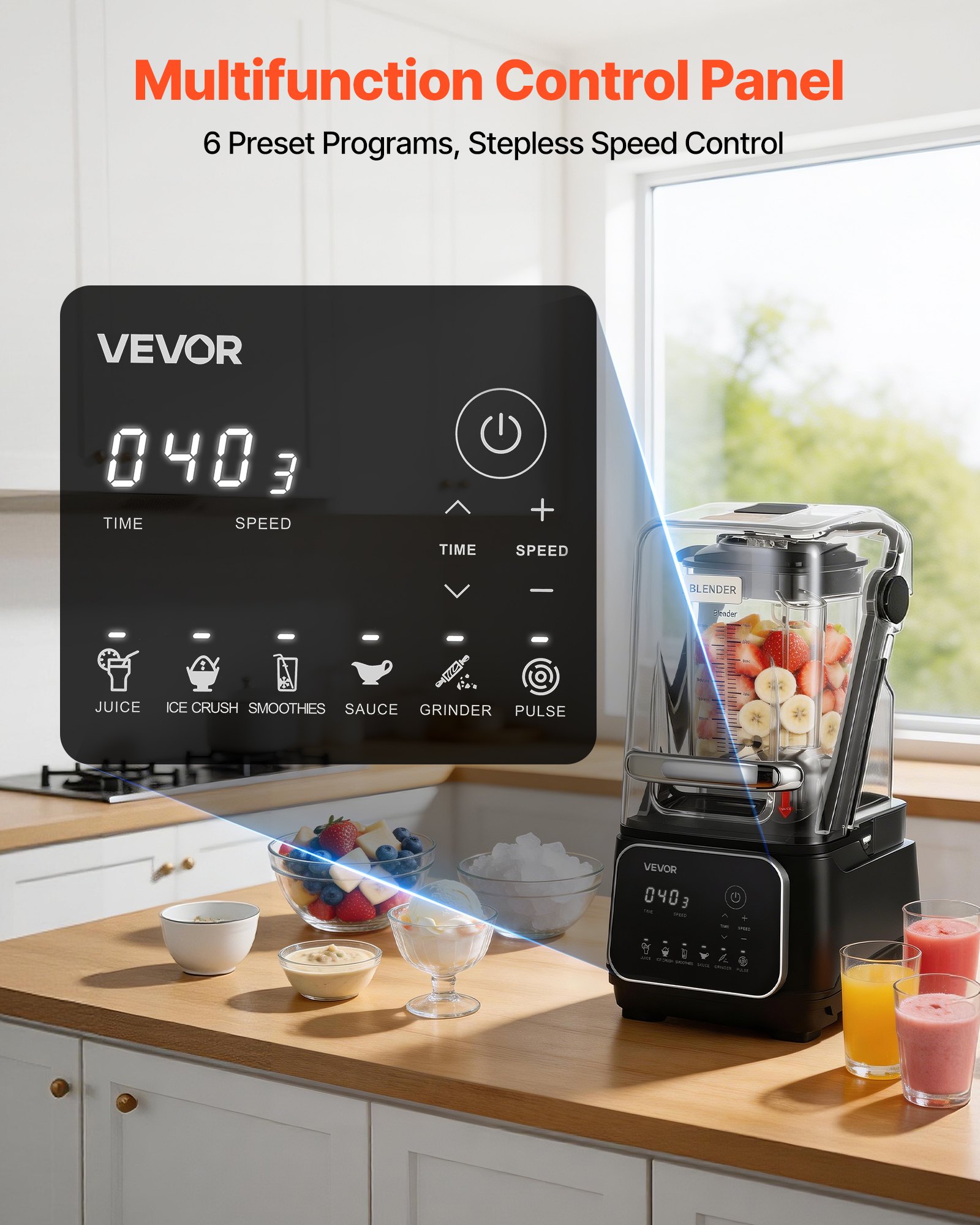 VEVOR Batidora de Vaso con Jarra de 2 L, 2200 W, 26000 RPM, Licuadora Profesional con Protector, Velocidad Ajustable, 6 Programas Preestablecidos para Batidos, Trituración de Hielo, Purés, Negro