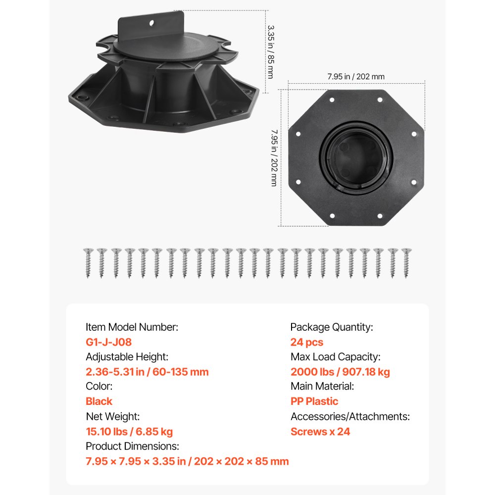 VEVOR Bloques de Terraza 24 Unidades, Carga de 907,18 kg, Pedestal de Plástico, Elevación de 60 a 135 mm, Altura Ajustable para Base de Cobertizo, para Madera, Hormigón y Metal, 202 x 202 x 85 mm
