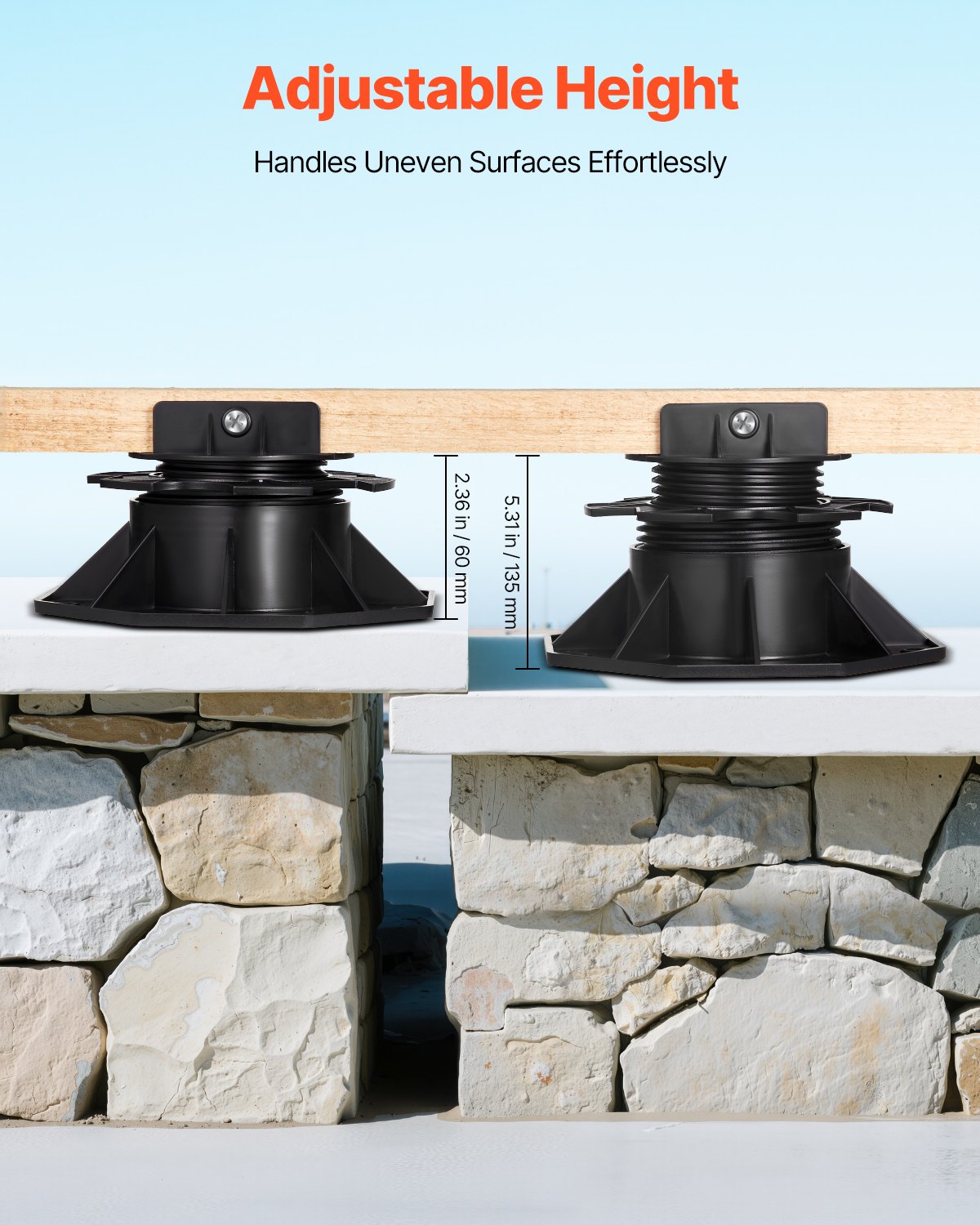 VEVOR Bloques de Terraza 24 Unidades, Carga de 907,18 kg, Pedestal de Plástico, Elevación de 60 a 135 mm, Altura Ajustable para Base de Cobertizo, para Madera, Hormigón y Metal, 202 x 202 x 85 mm