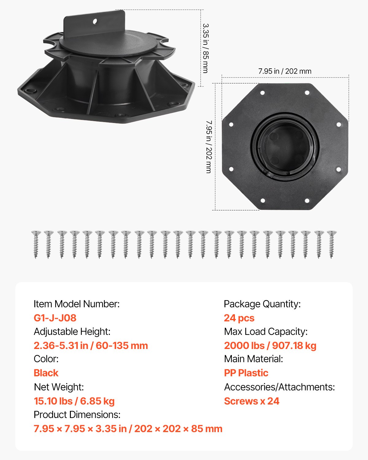 VEVOR Bloques de Terraza 24 Unidades, Carga de 907,18 kg, Pedestal de Plástico, Elevación de 60 a 135 mm, Altura Ajustable para Base de Cobertizo, para Madera, Hormigón y Metal, 202 x 202 x 85 mm