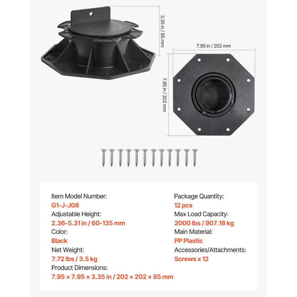 VEVOR Bloques de Terraza 12 Unidades, Carga de 907,18 kg, Pedestal de Plástico, Adoquín, Elevación 60 a 135 mm, Altura Ajustable, Base para Cobertizo, Madera, Hormigón y Metal, 202 x 202 x 85 mm