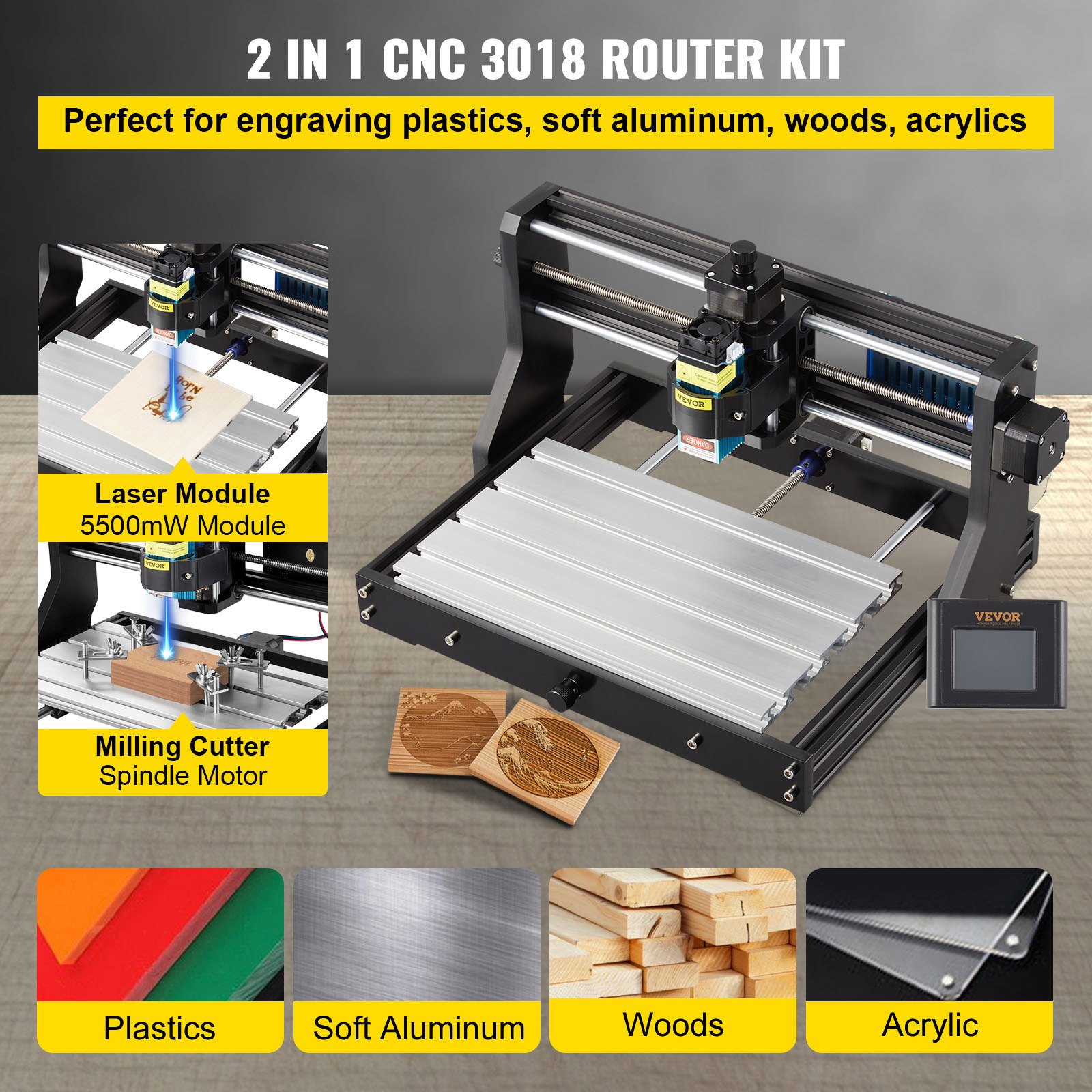 VEVOR CNC 3018 Pro CNC 3018 5500mw Máquina CNC Grabador Láser Máquina de Grabado Láser para Cuero de Madera de Plástico