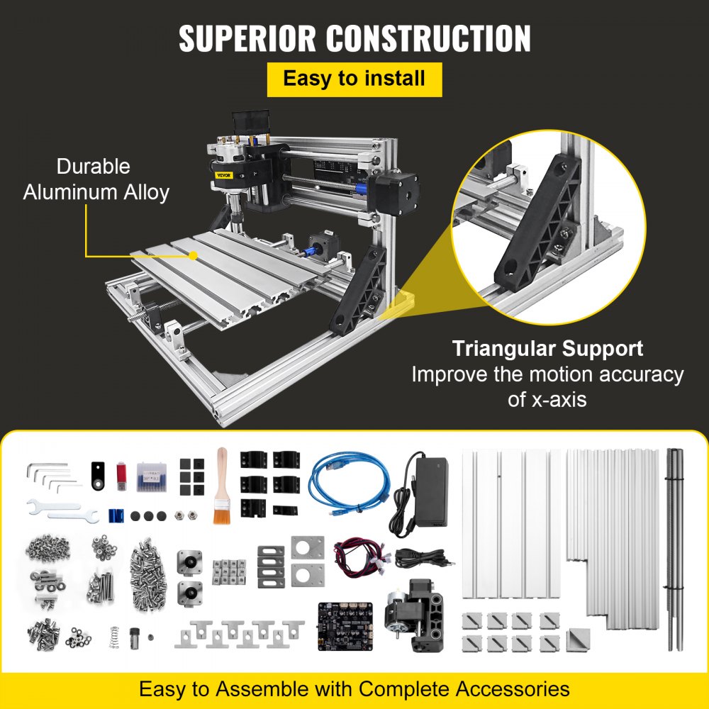 VEVOR Máquina Láser de Grabado, Recorrido de Trabajo 9,4"x7,1"x1,6", GRBL Control CNC Máquina de 3 Ejes, con Varillas de Extensión de 5mm, Máquina de Grabado CNC 2418 DIY, de Perfiles de Aluminio 2020