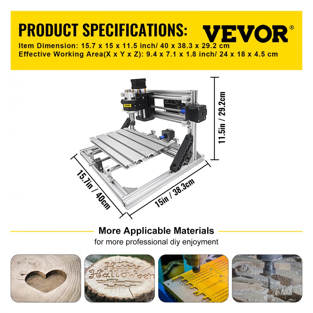 VEVOR Máquina Láser de Grabado, Recorrido de Trabajo 9,4"x7,1"x1,6", GRBL Control CNC Máquina de 3 Ejes, con Varillas de Extensión de 5mm, Máquina de Grabado CNC 2418 DIY, de Perfiles de Aluminio 2020