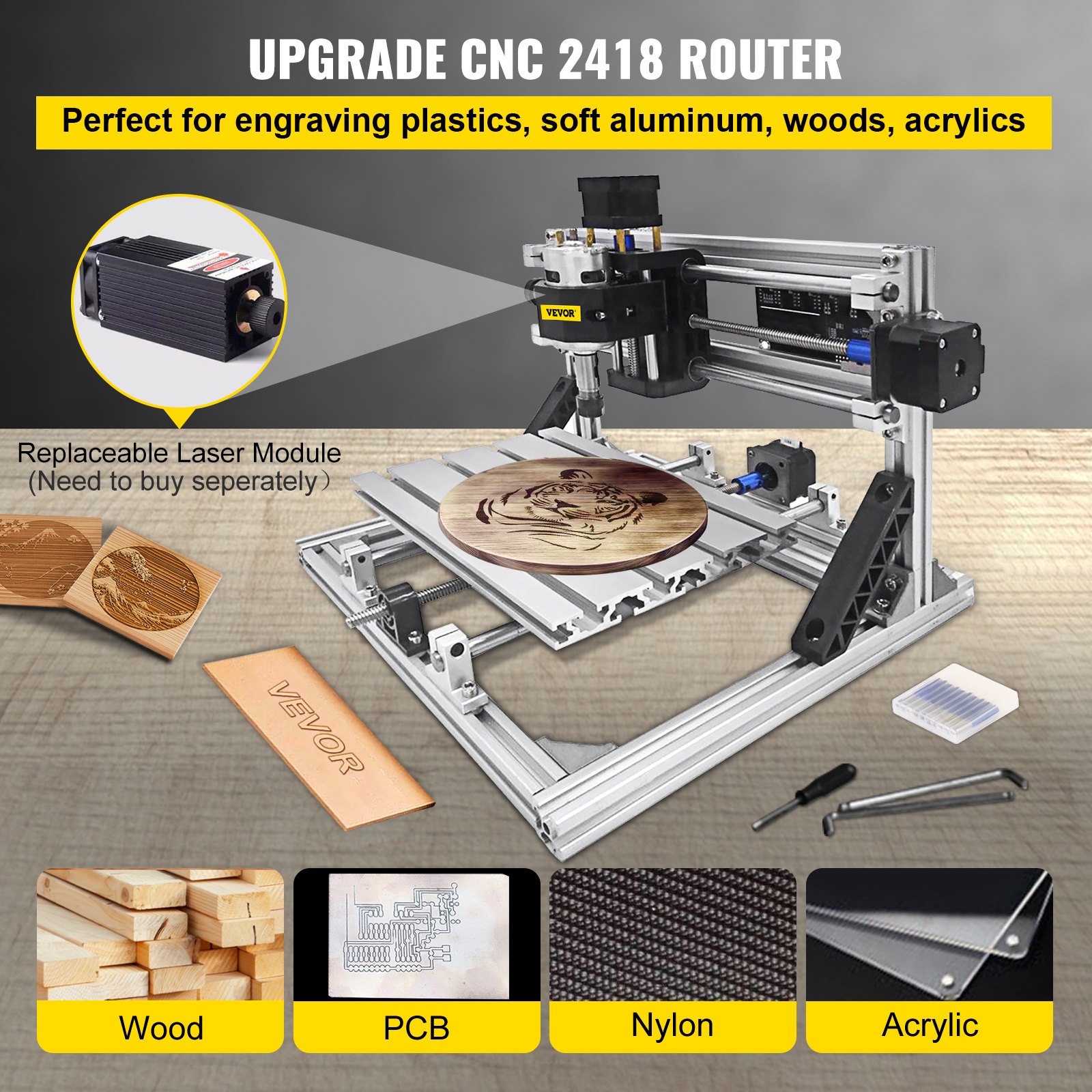 VEVOR Máquina Láser de Grabado, Recorrido de Trabajo 9,4"x7,1"x1,6", GRBL Control CNC Máquina de 3 Ejes, con Varillas de Extensión de 5mm, Máquina de Grabado CNC 2418 DIY, de Perfiles de Aluminio 2020
