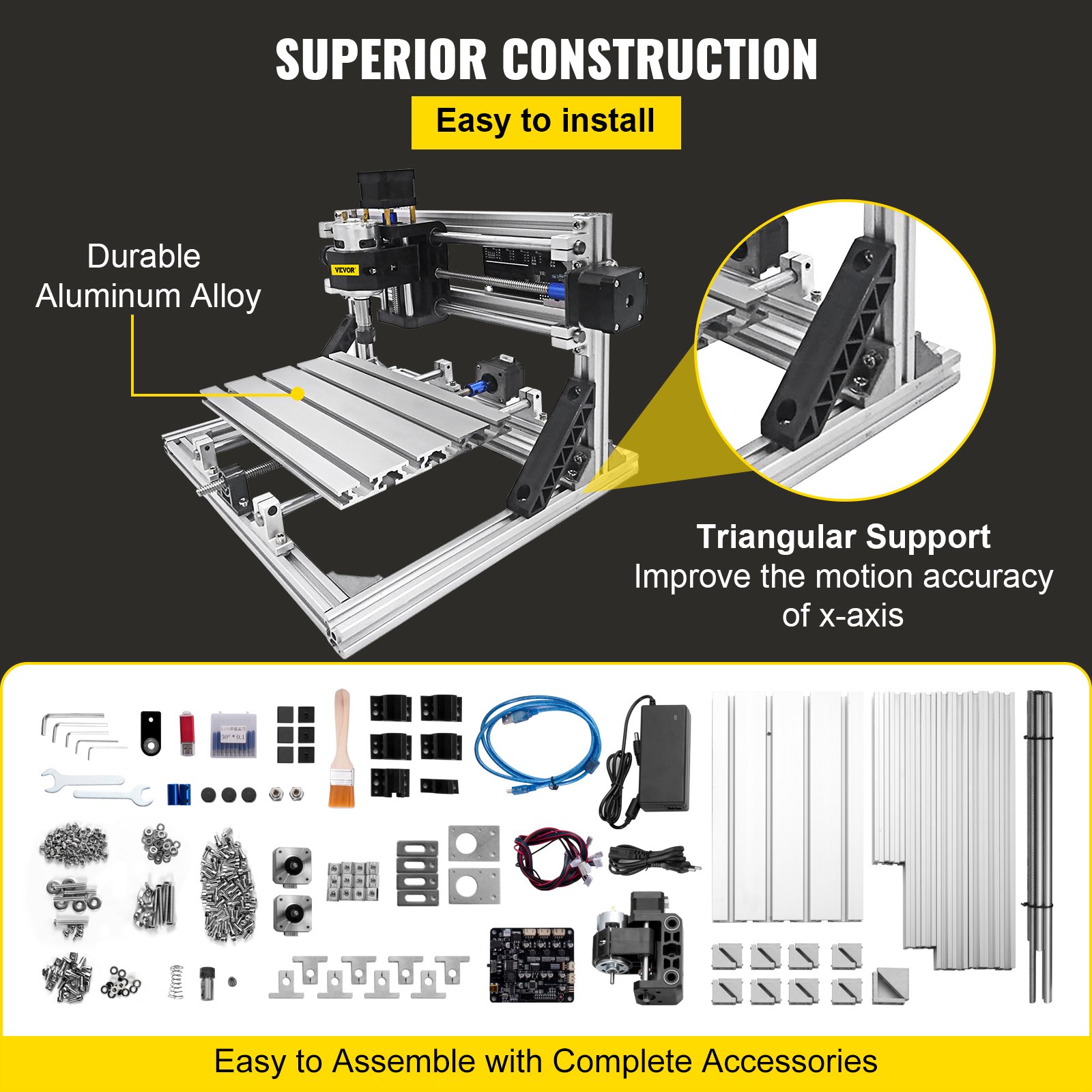 VEVOR Máquina Láser de Grabado, Recorrido de Trabajo 9,4"x7,1"x1,6", GRBL Control CNC Máquina de 3 Ejes, con Varillas de Extensión de 5mm, Máquina de Grabado CNC 2418 DIY, de Perfiles de Aluminio 2020