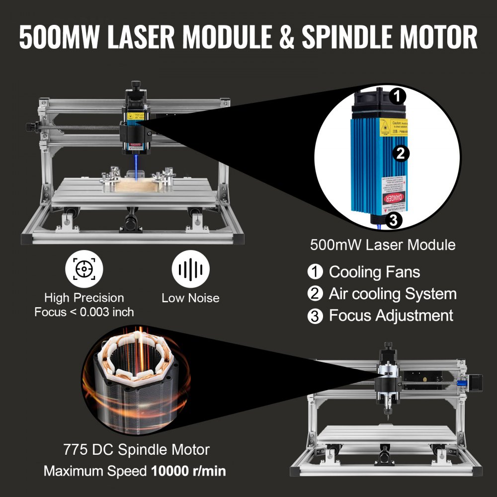VEVOR Máquina de Grabado CNC 3018 DIY Grabador Láser de 500 mw GRBL Control Máquina de Grabado Recorrido de Trabajo 30 x 18 x 4,5 cm Máquina CNC Láser de 3 Ejes con Varillas de Extensión de 5 mm