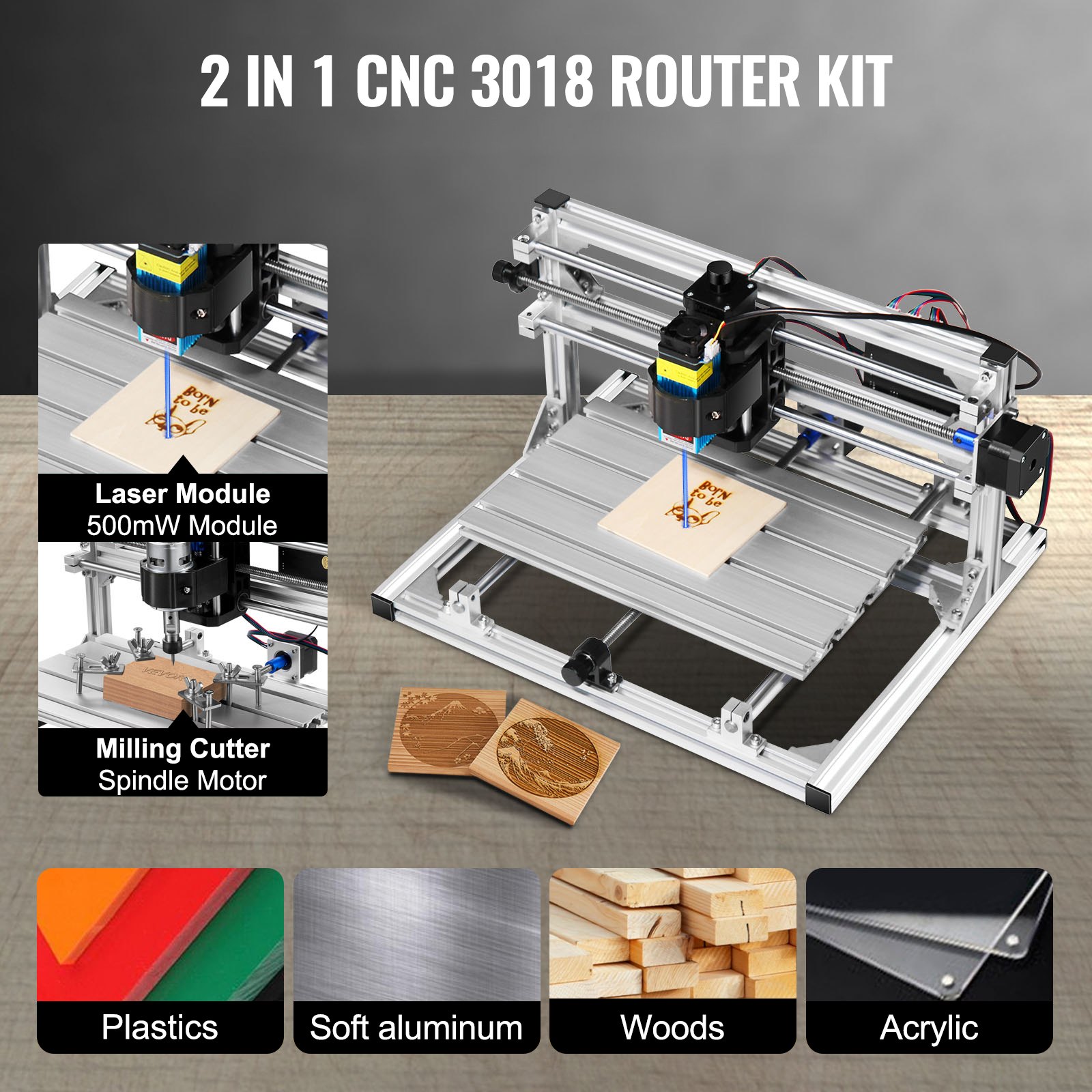 VEVOR Máquina de Grabado CNC 3018 DIY Grabador Láser de 500 mw GRBL Control Máquina de Grabado Recorrido de Trabajo 30 x 18 x 4,5 cm Máquina CNC Láser de 3 Ejes con Varillas de Extensión de 5 mm