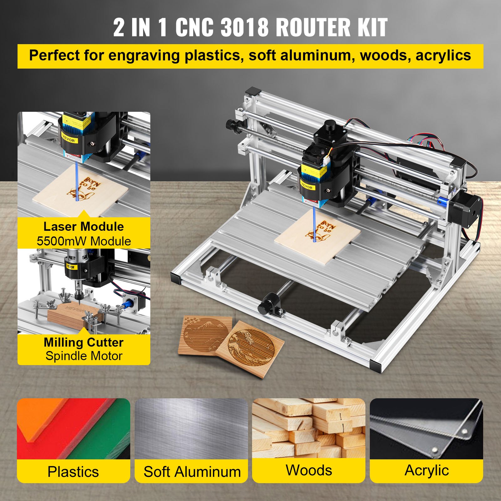 VEVOR Máquina de Grabado CNC 3018 DIY, Grabador Láser de 5500 mw, Máquina CNC Láser, Equipada con 3 Ejes XYZ Refinados, GRBL Control Máquina de Grabado, Recorrido de Trabajo Efectivo: 11,8"x7,1"x1,8"