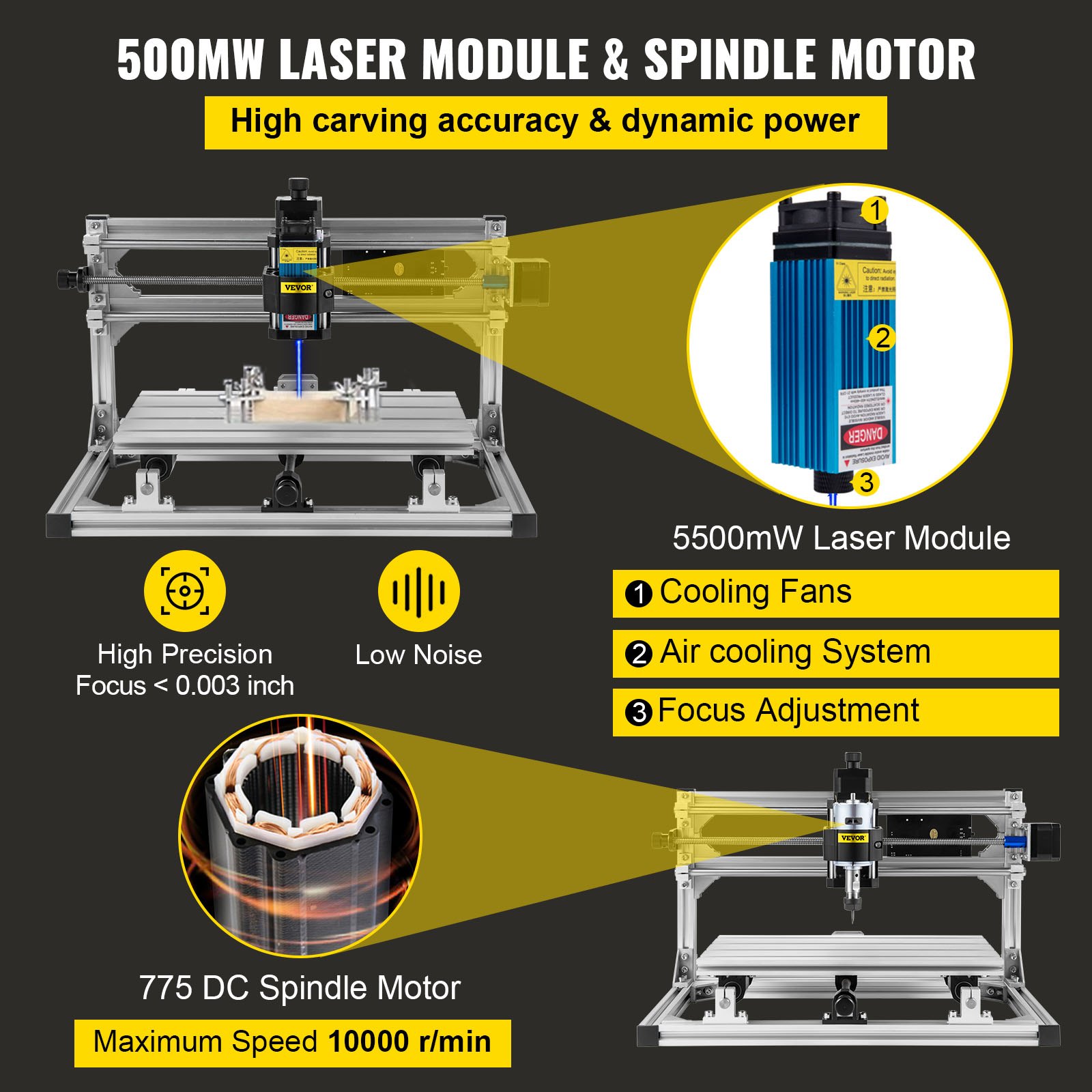 VEVOR Máquina de Grabado CNC 3018 DIY, Grabador Láser de 5500 mw, Máquina CNC Láser, Equipada con 3 Ejes XYZ Refinados, GRBL Control Máquina de Grabado, Recorrido de Trabajo Efectivo: 11,8"x7,1"x1,8"
