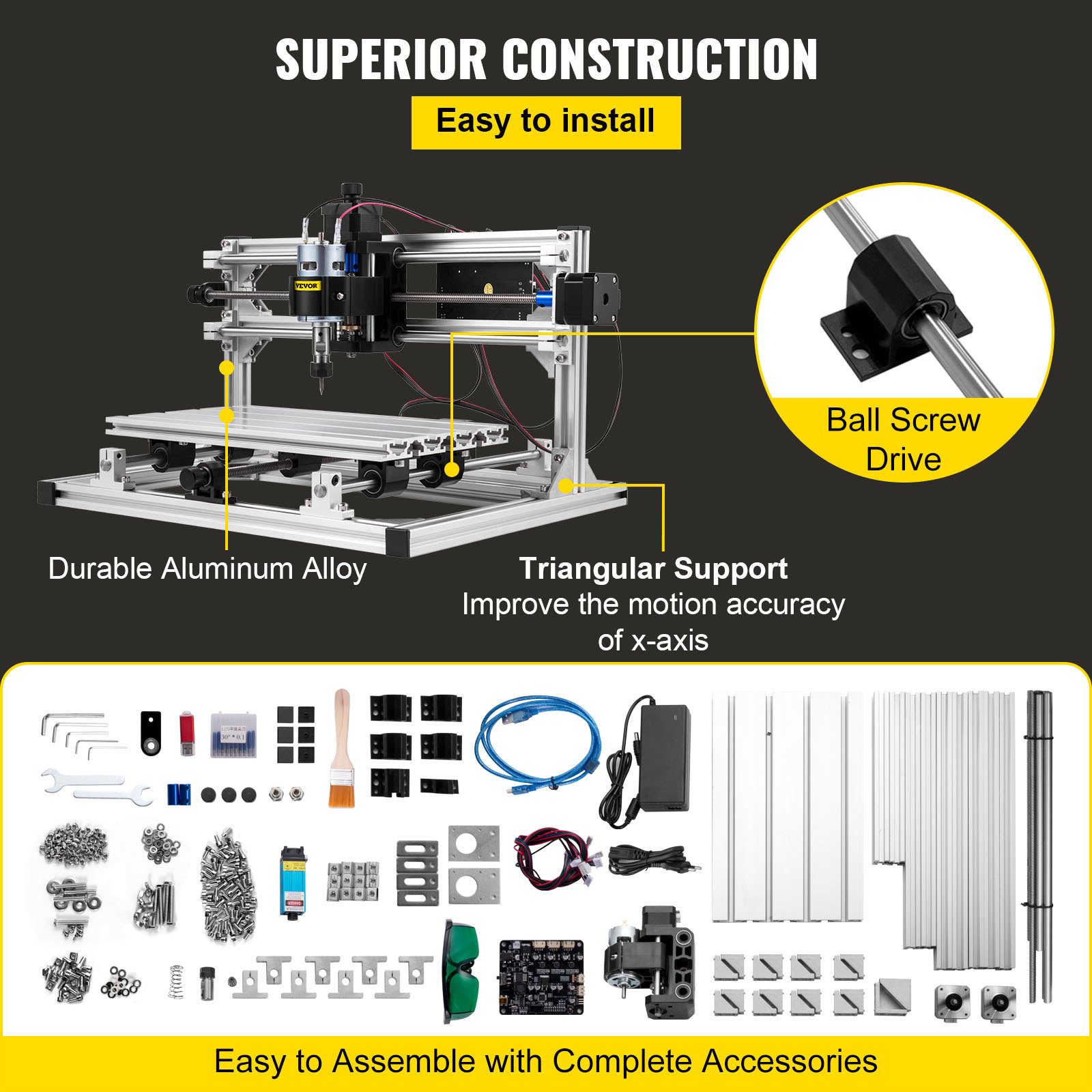 VEVOR Máquina de Grabado CNC 3018 DIY, Grabador Láser de 5500 mw, Máquina CNC Láser, Equipada con 3 Ejes XYZ Refinados, GRBL Control Máquina de Grabado, Recorrido de Trabajo Efectivo: 11,8"x7,1"x1,8"