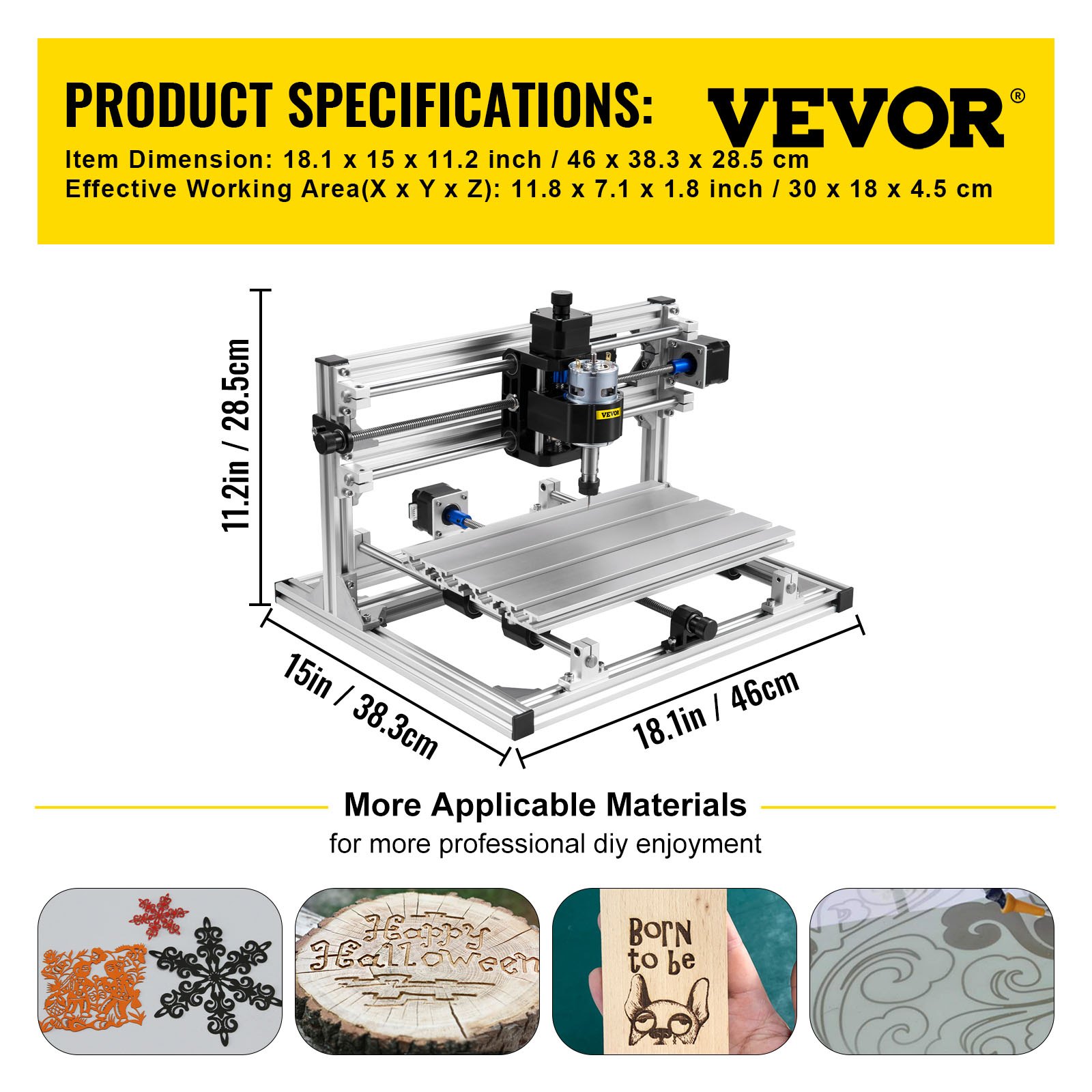 VEVOR Máquina de Grabado CNC 3018 DIY, Grabador Láser de 5500 mw, Máquina CNC Láser, Equipada con 3 Ejes XYZ Refinados, GRBL Control Máquina de Grabado, Recorrido de Trabajo Efectivo: 11,8"x7,1"x1,8"