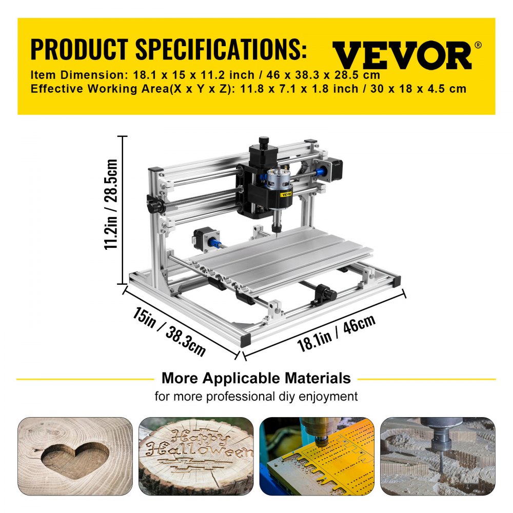 VEVOR Máquina de Grabado CNC 3018 DIY, Tablero de Control GRBL, Máquina de Grabado Láser, Recorrido de Trabajo: 11,8"x7,1"x1,8", Máquina CNC Láser de 3 Ejes Refinados, con Varillas de Extensión de 5mm