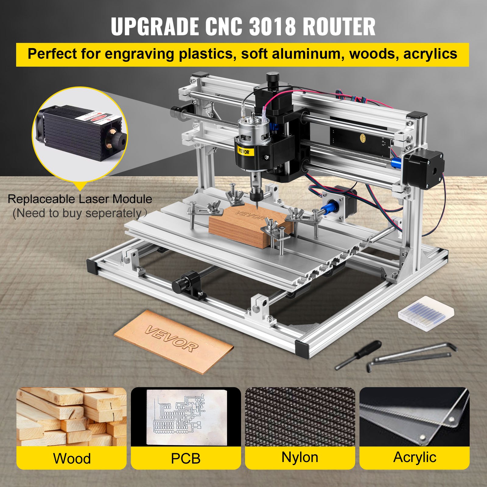 VEVOR Máquina de Grabado CNC 3018 DIY, Tablero de Control GRBL, Máquina de Grabado Láser, Recorrido de Trabajo: 11,8"x7,1"x1,8", Máquina CNC Láser de 3 Ejes Refinados, con Varillas de Extensión de 5mm
