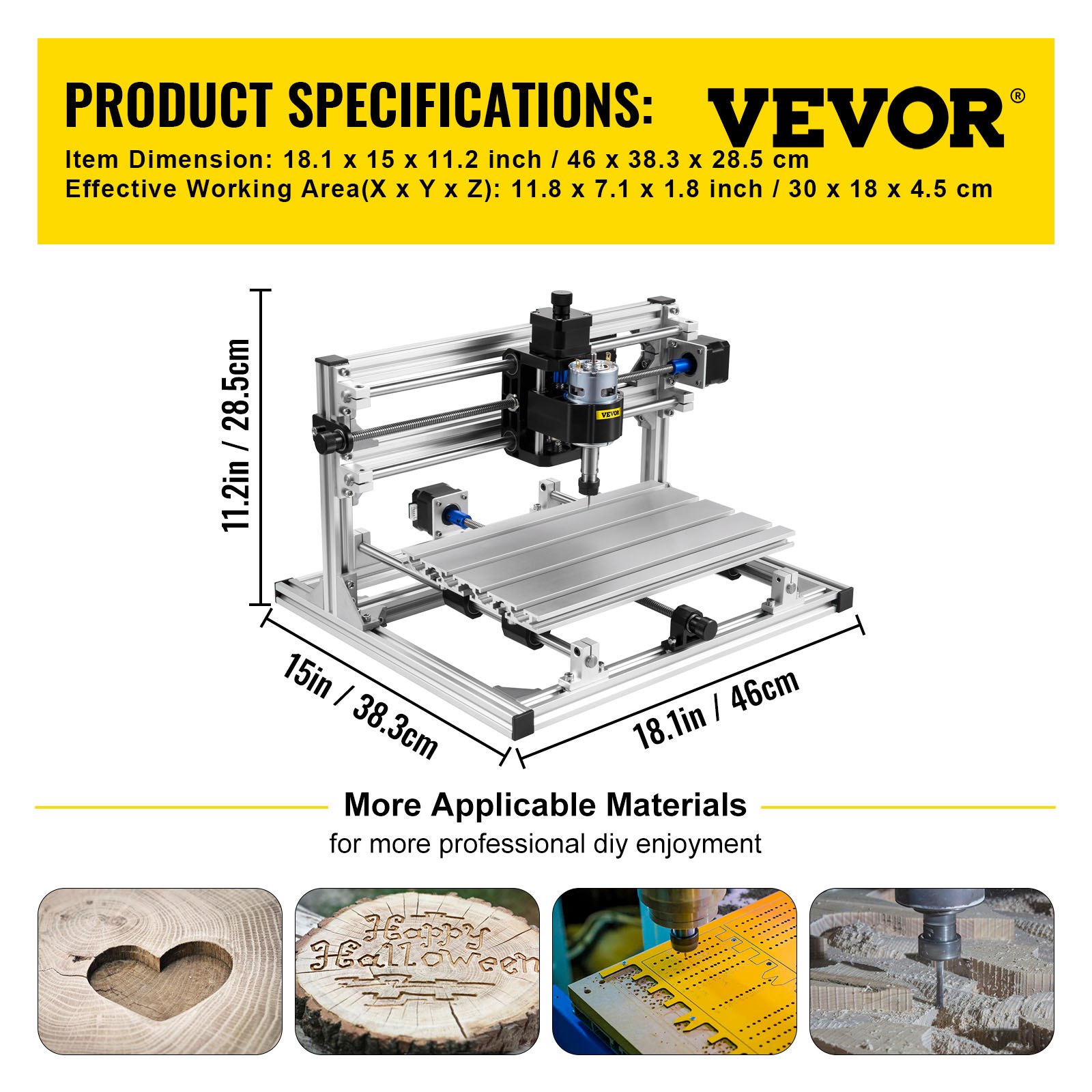VEVOR Máquina de Grabado CNC 3018 DIY, Tablero de Control GRBL, Máquina de Grabado Láser, Recorrido de Trabajo: 11,8"x7,1"x1,8", Máquina CNC Láser de 3 Ejes Refinados, con Varillas de Extensión de 5mm