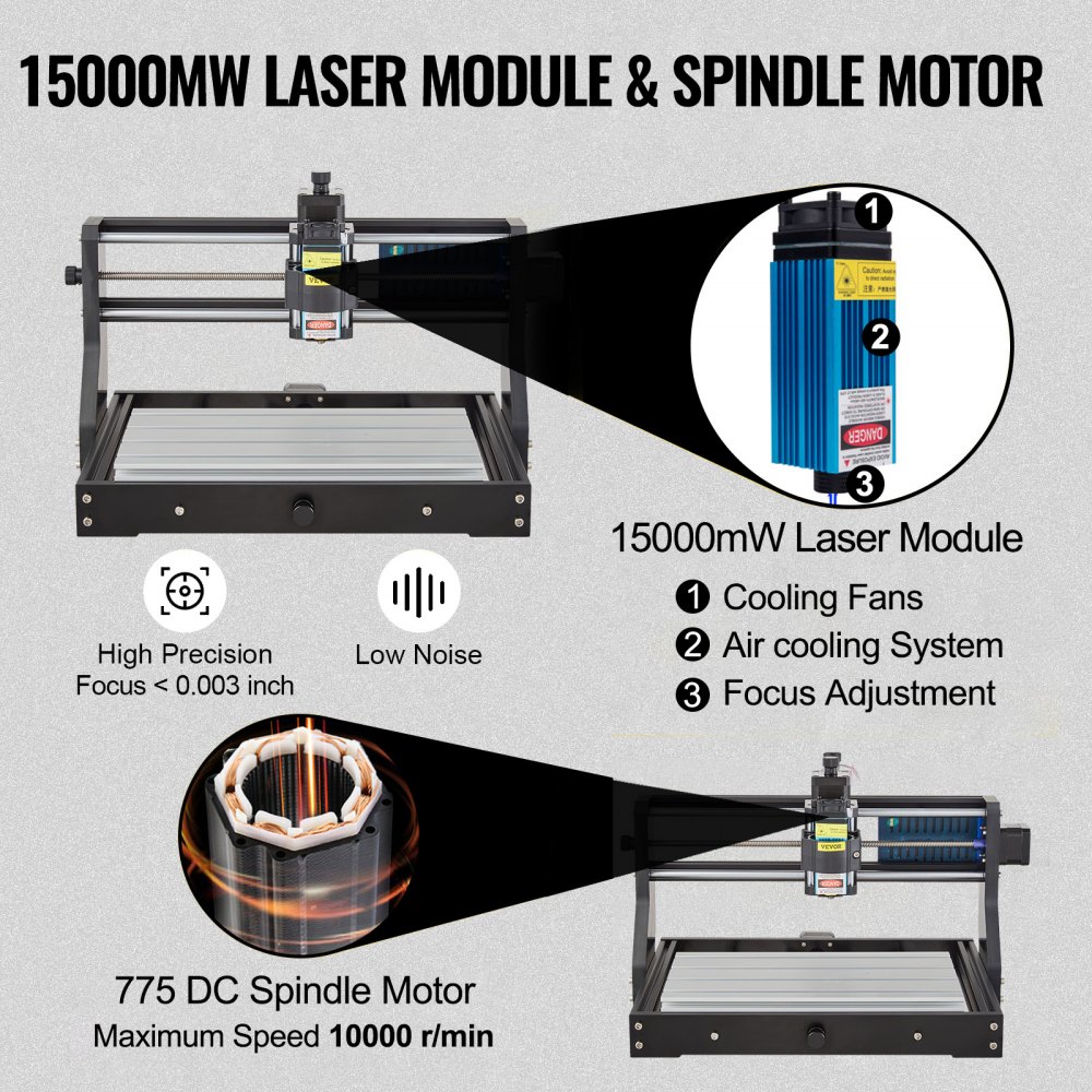 VEVOR Grabador Láser CNC 3018 Pro CNC 3018 10000U 15 W 3 Ejes Máquina de Grabado Control GRBL CNC Láser Grabador Láser Máquina CNC 3018 para Grabar Todo Tipo de Plásticos Aluminio