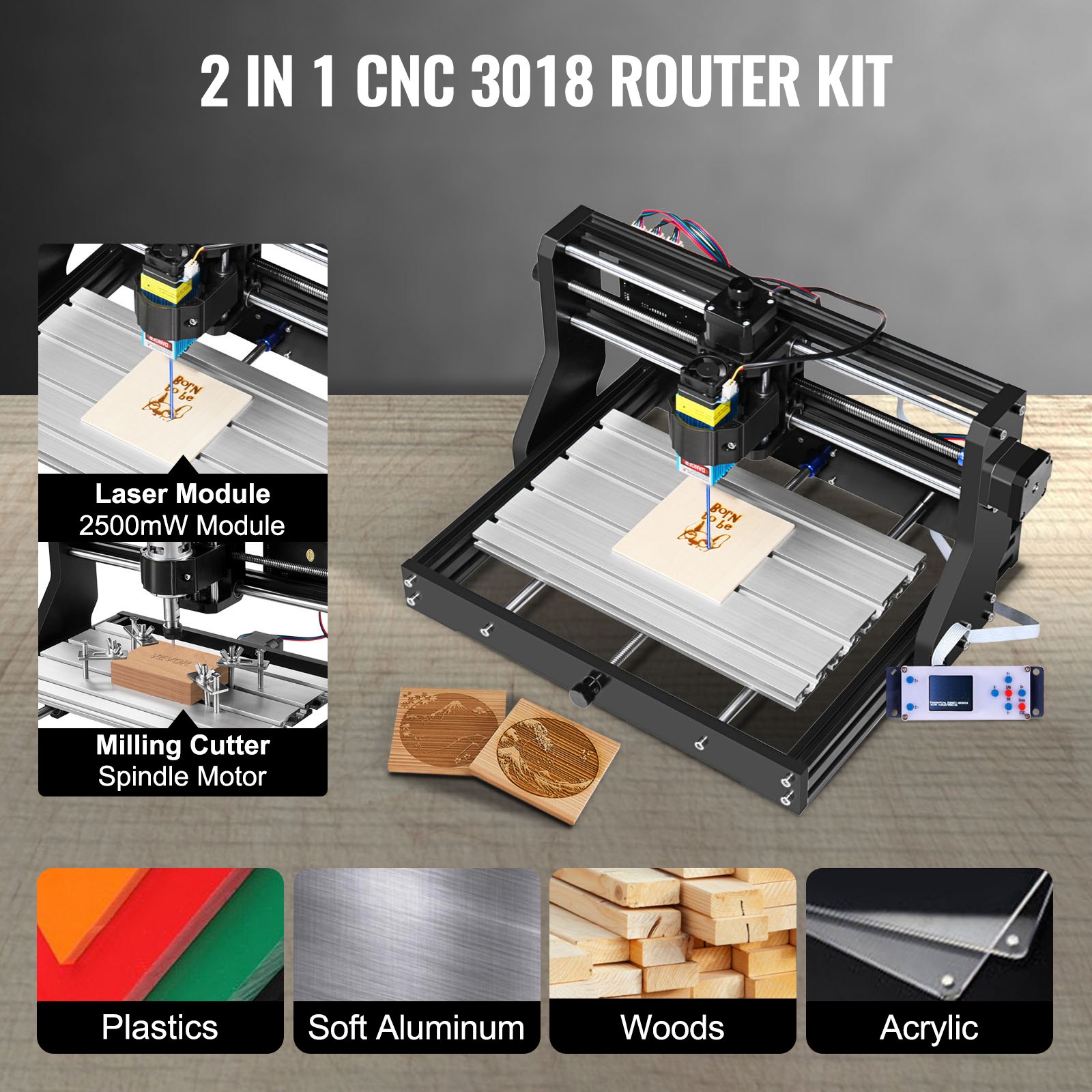 VEVOR Grabador Láser CNC 3018 Pro CNC 3018 10000U 15 W 3 Ejes Control GRBL CNC Máquina de Grabado Láser Grabador Láser Máquina CNC 3018 Grabado Láser para Grabar Todo Tipo de Plásticos Aluminio