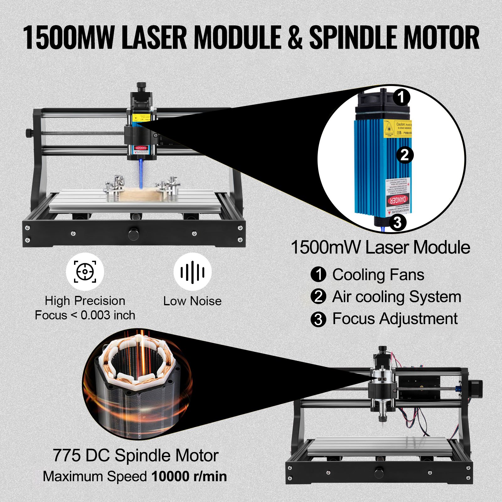 VEVOR Grabador Láser CNC 3018 Pro CNC 3018 10000U 15 W 3 Ejes Control GRBL CNC Máquina de Grabado Láser Grabador Láser Máquina CNC 3018 Grabado Láser para Grabar Todo Tipo de Plásticos Aluminio