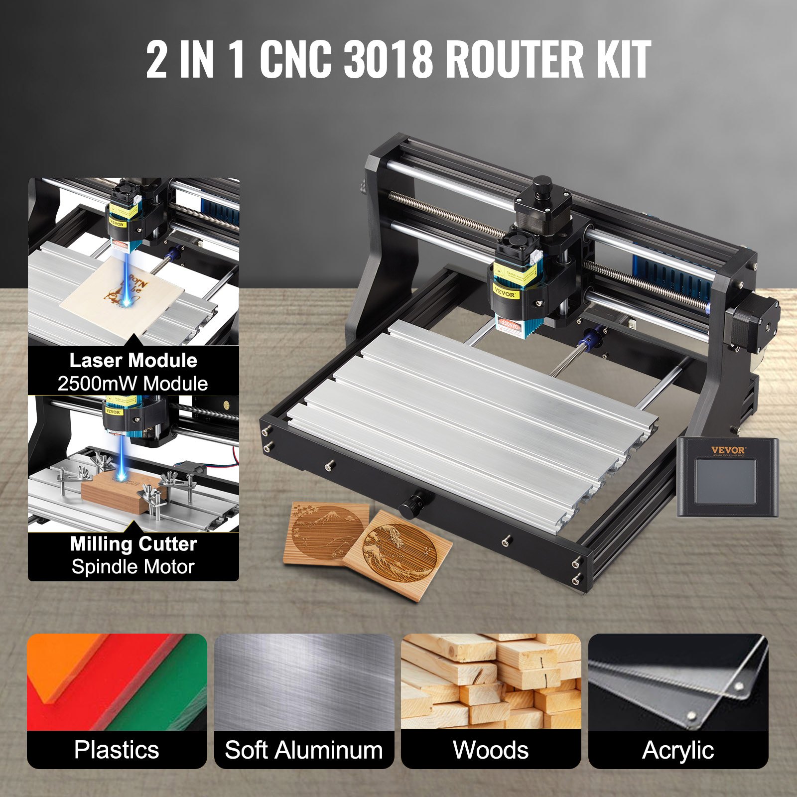 VEVOR Grabador Láser CNC 3018 Pro CNC 3018 10000U 15 W 3 Ejes Máquina de Grabado Control GRBL CNC Láser Grabador Láser Máquina CNC 3018 para Grabar Todo Tipo de Plásticos Aluminio