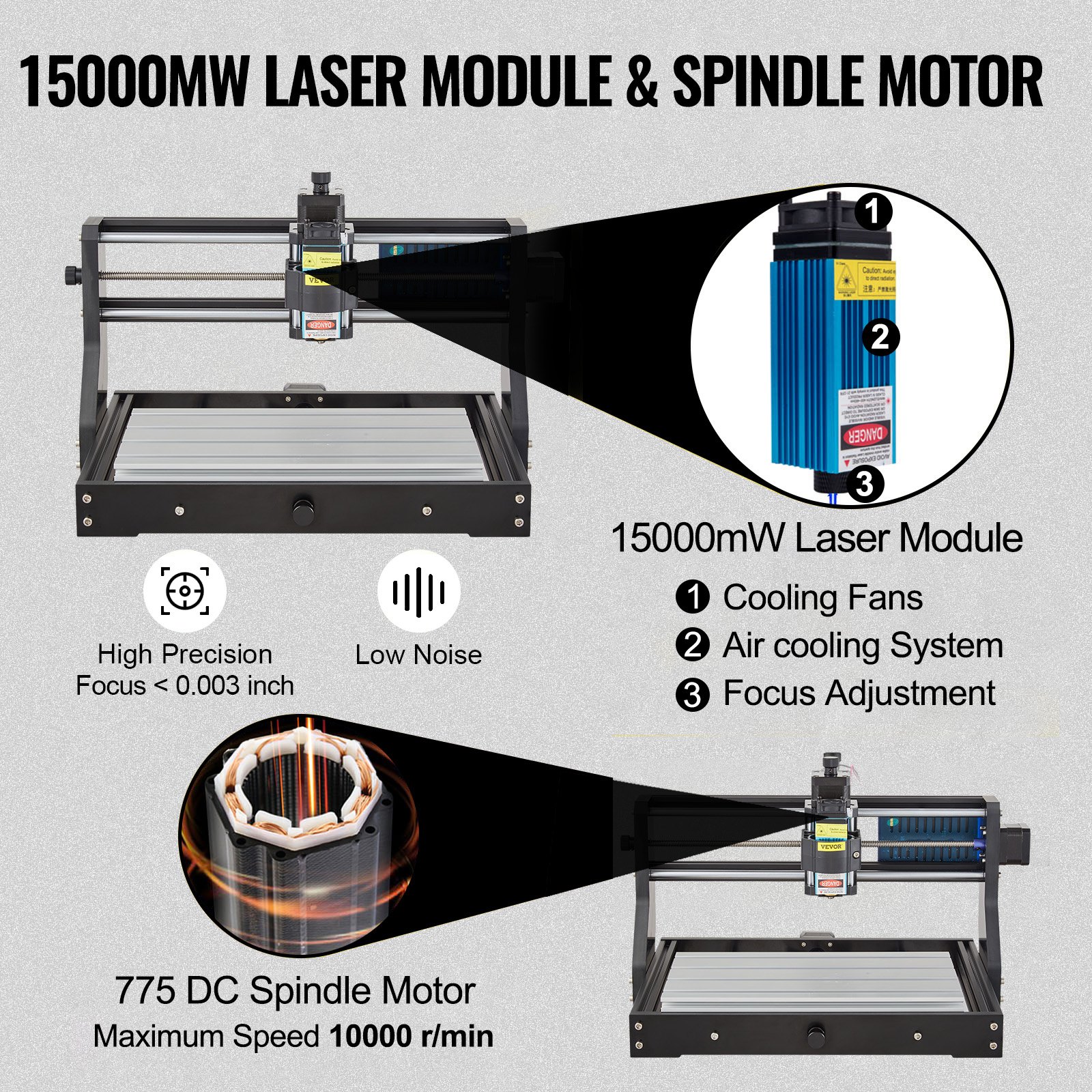 VEVOR Grabador Láser CNC 3018 Pro CNC 3018 10000U 15 W 3 Ejes Máquina de Grabado Control GRBL CNC Láser Grabador Láser Máquina CNC 3018 para Grabar Todo Tipo de Plásticos Aluminio