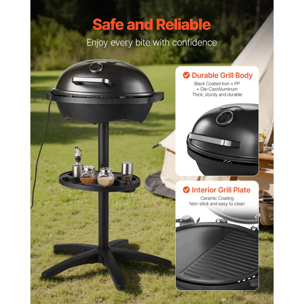 VEVOR Electric Grill 2400W, 2-in-1 Standing & Tabletop Electric BBQ Grill for Indoors Outdoors - with 50°C-350°C Adjustable Temperature & Non-stick Ceramic Coated Plate for Party Backyard Grilling
