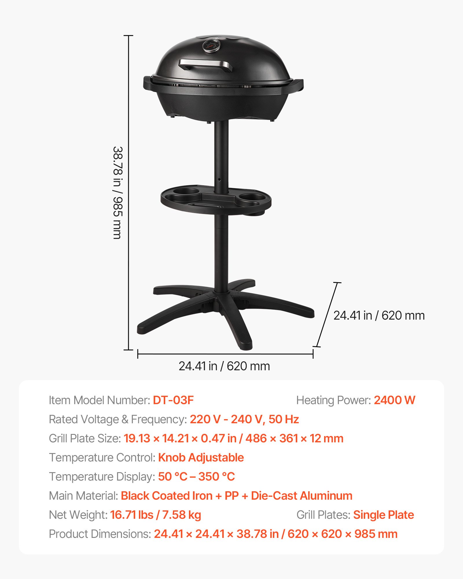 VEVOR Electric Grill 2400W, 2-in-1 Standing & Tabletop Electric BBQ Grill for Indoors Outdoors - with 50°C-350°C Adjustable Temperature & Non-stick Ceramic Coated Plate for Party Backyard Grilling