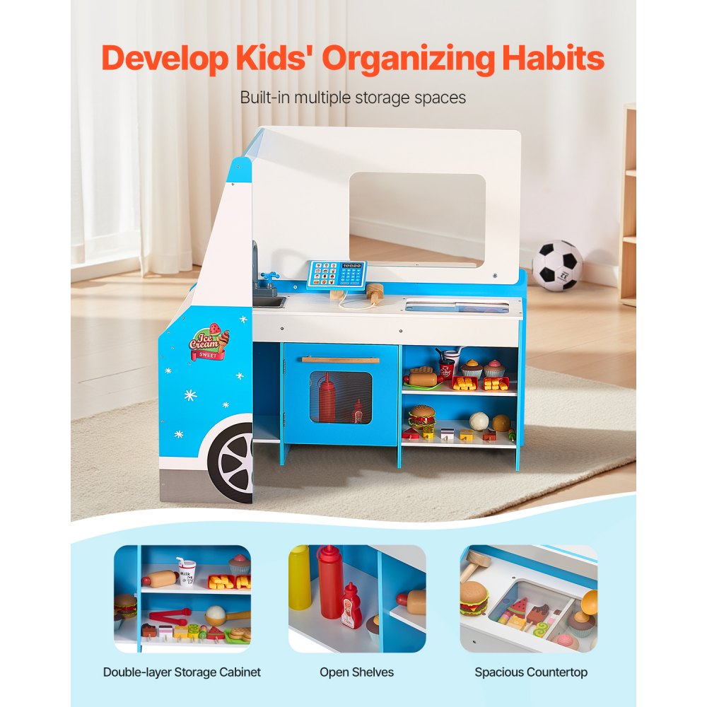 VEVOR Ice Cream Truck for Children, over 20 accessories, wooden ice cream parlor with steering wheel and chalkboard, payment scanner and freezer, tap and sink, suitable for children aged 3-7 years, blue