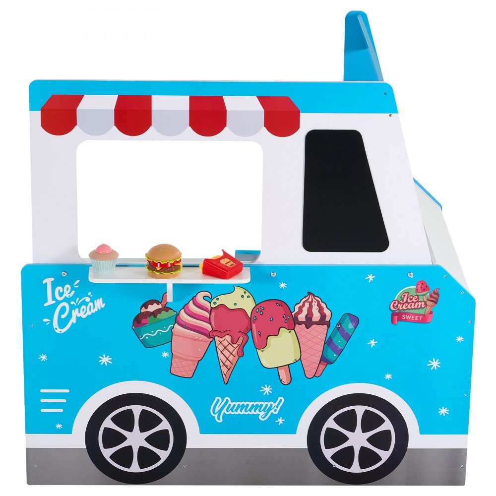 VEVOR Ice Cream Truck for Children, over 20 accessories, wooden ice cream parlor with steering wheel and chalkboard, payment scanner and freezer, tap and sink, suitable for children aged 3-7 years, blue