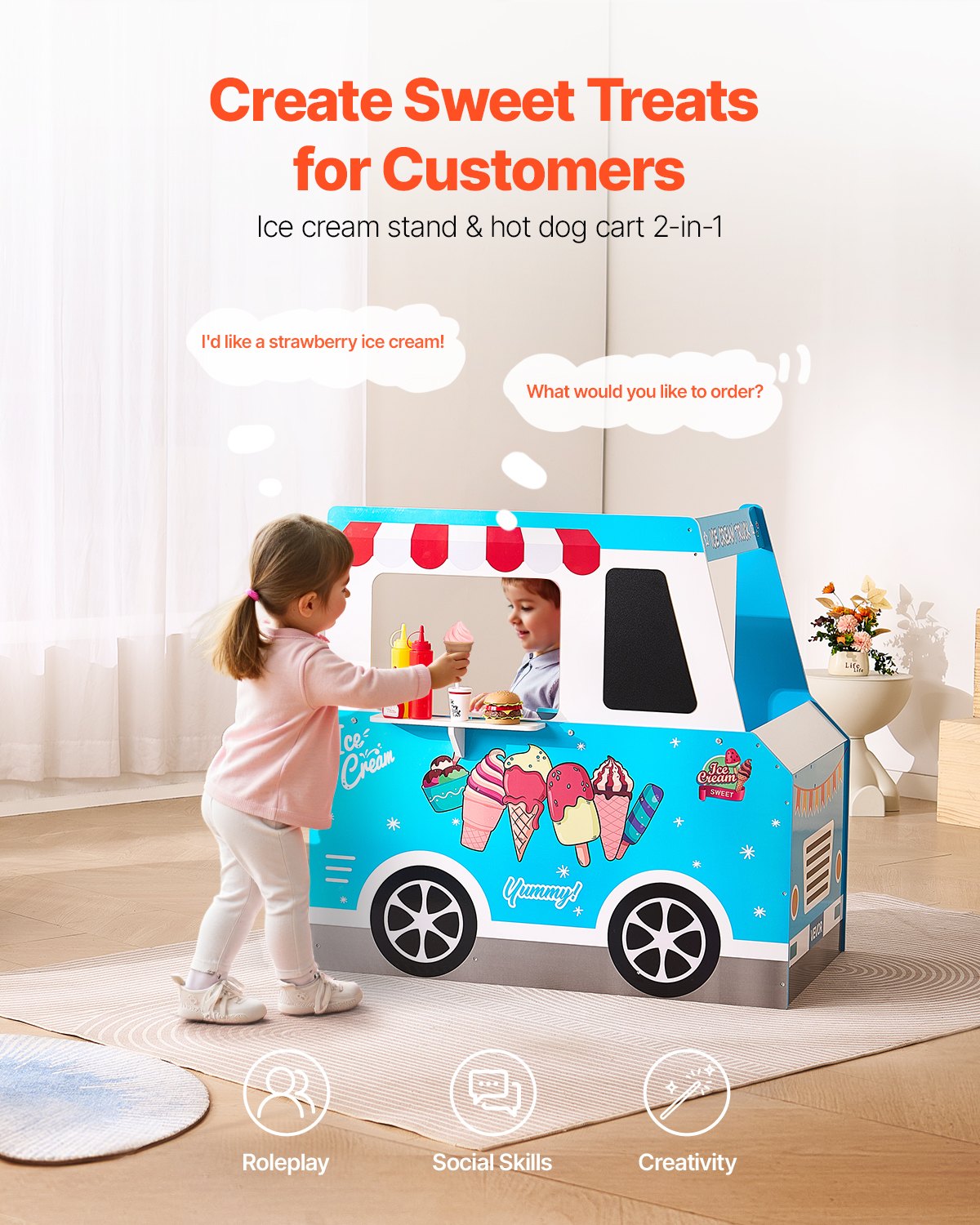 VEVOR Ice Cream Truck for Children, over 20 accessories, wooden ice cream parlor with steering wheel and chalkboard, payment scanner and freezer, tap and sink, suitable for children aged 3-7 years, blue
