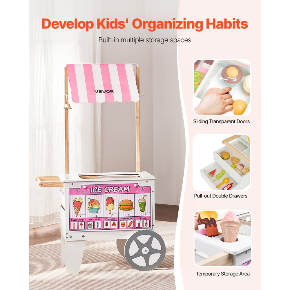 VEVOR Carrito de Helados, Más de 20 Accesorios, Juego de Simulación de Heladería, Cocina, Juguetes con Helado y Paleta, Toldo y Congelador, Cajones, para Niños de 3 a 7 Años, 747 x 350 x 1220 mm