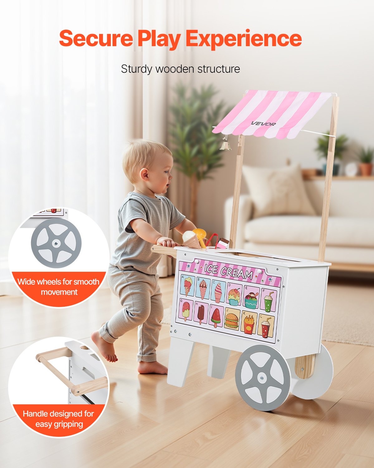 VEVOR Carrito de Helados, Más de 20 Accesorios, Juego de Simulación de Heladería, Cocina, Juguetes con Helado y Paleta, Toldo y Congelador, Cajones, para Niños de 3 a 7 Años, 747 x 350 x 1220 mm