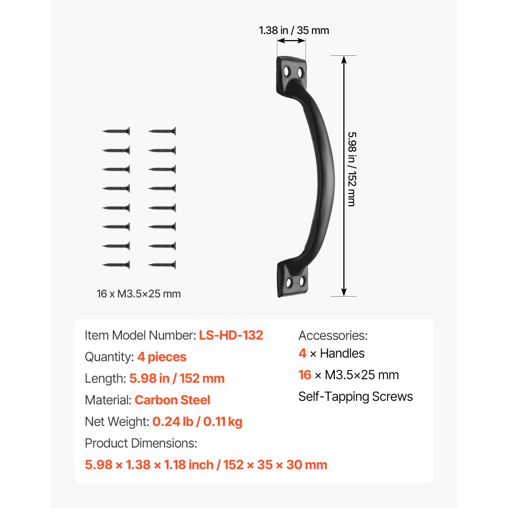 VEVOR Manija para Puerta Corrediza 152 mm Tirador para Puerta de Granero de Acero al Carbono Resistente Manija Metálica Negra de Forma Curva para Garaje, Cobertizo, Armario, Despensa, 4 Piezas