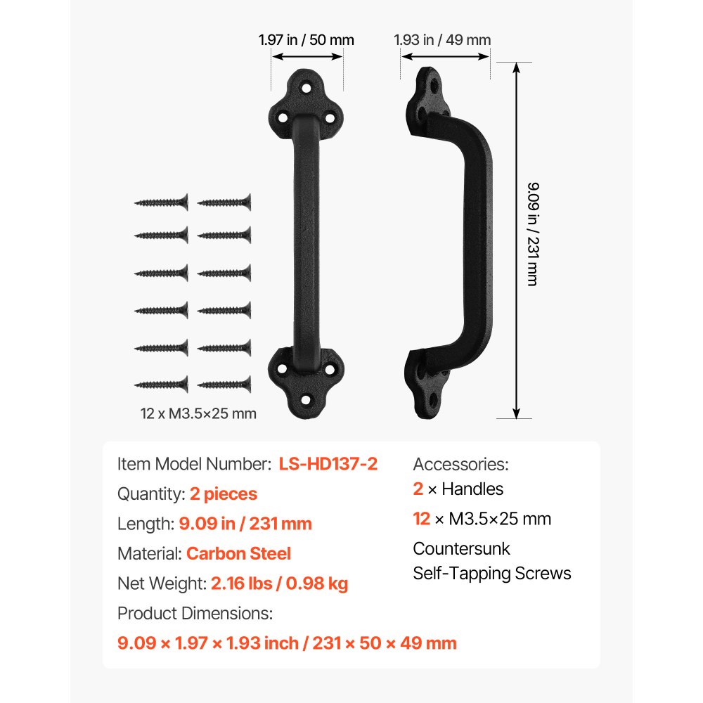 VEVOR Manija para Puerta Corrediza 231 mm Tirador para Puerta de Granero de Acero al Carbono Resistente para Exteriores Manija Metálica Negra para Garaje, Cobertizo, Armario, Despensa, 2 Piezas