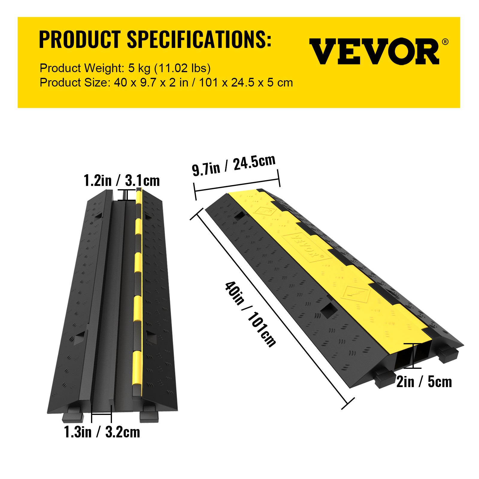 VEVOR Rampa de Protección de Cable 101x24,5x5 cm 5 Piezas 2 Vías Canaleta Pasacables de Suelo 3,2x3,1cm Protector de Cables Caucho y PVC Capacidad de Carga 4,989kg Cubiertas de suelo para Cables Negro y Amarillo
