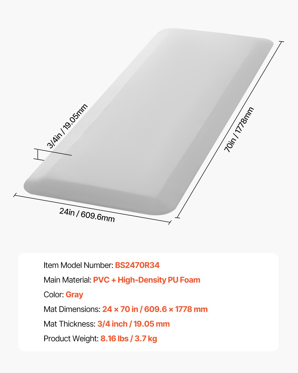 VEVOR Fall Protection Mat for Seniors, 19.05 mm thick fall prevention pad with beveled edge, non-slip safety floor mat for beds for seniors, disabled people, patients (609.6x1778 mm)