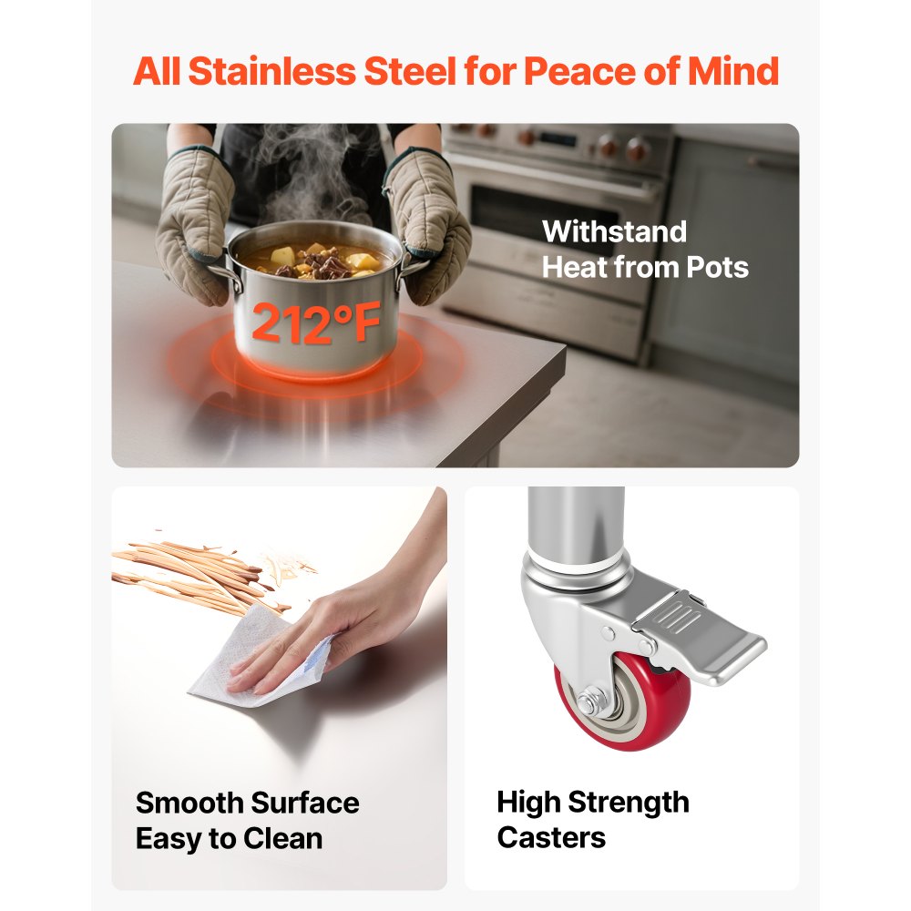 VEVOR Mesa de Trabajo de Acero Inoxidable, Mesa de Preparación con 4 Ruedas, Estantería de Trabajo de Preparación de Alimentos con Estantes Ajustables para Cocina, Garaje, Taller, 76 x 60 x 85 cm