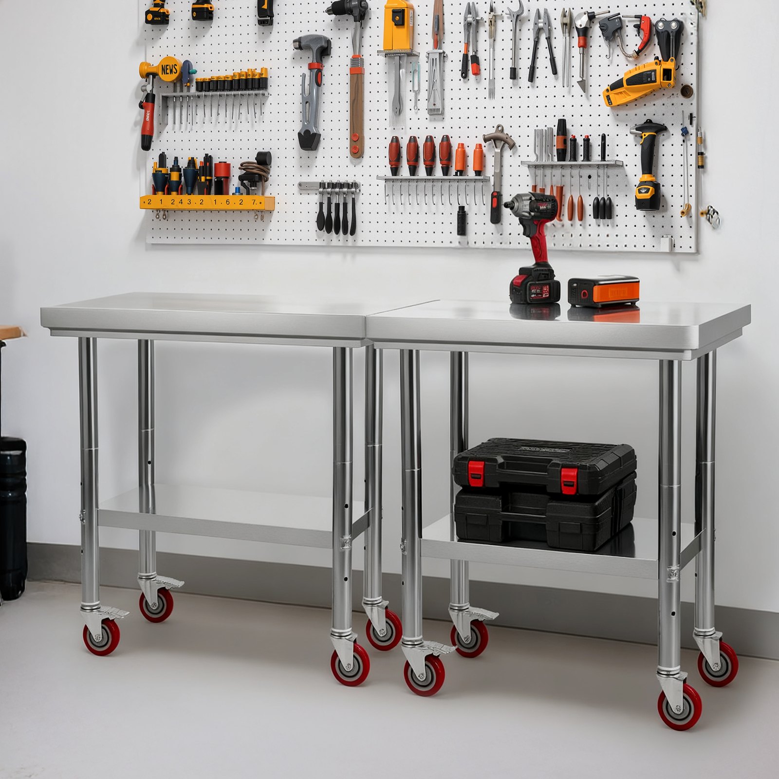 VEVOR Mesa de Trabajo de Acero Inoxidable, Mesa de Preparación con 4 Ruedas, Estantería de Trabajo de Preparación de Alimentos con Estantes Ajustables para Cocina, Garaje, Taller, 76 x 60 x 85 cm